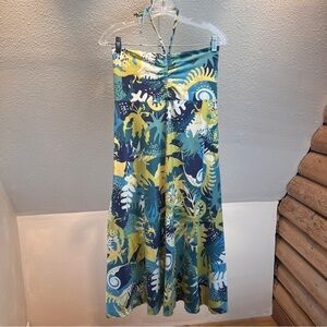 PATAGONIA Halter Ruched midi Dress. Blues & Greens. Ties around neck